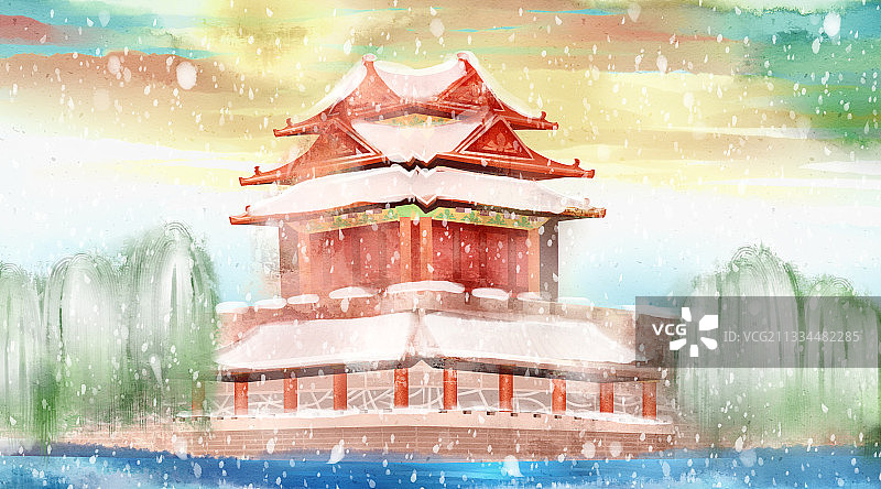 中国风故宫冬天风景插画背景图片素材