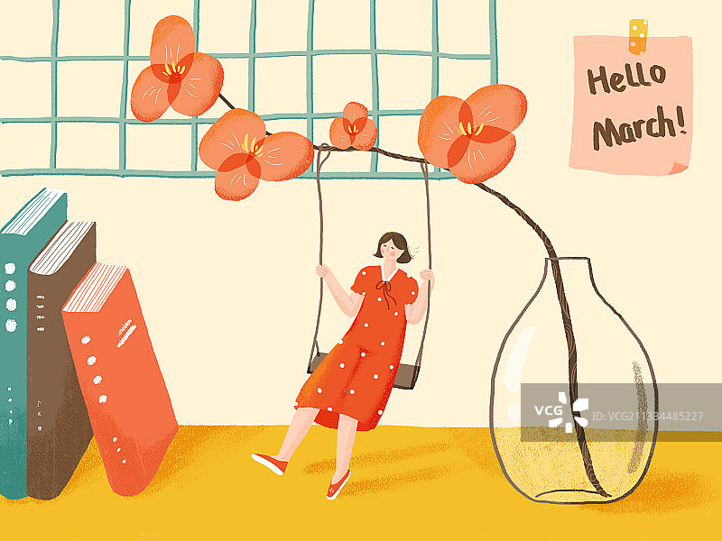 女孩在书桌上荡秋千图片素材