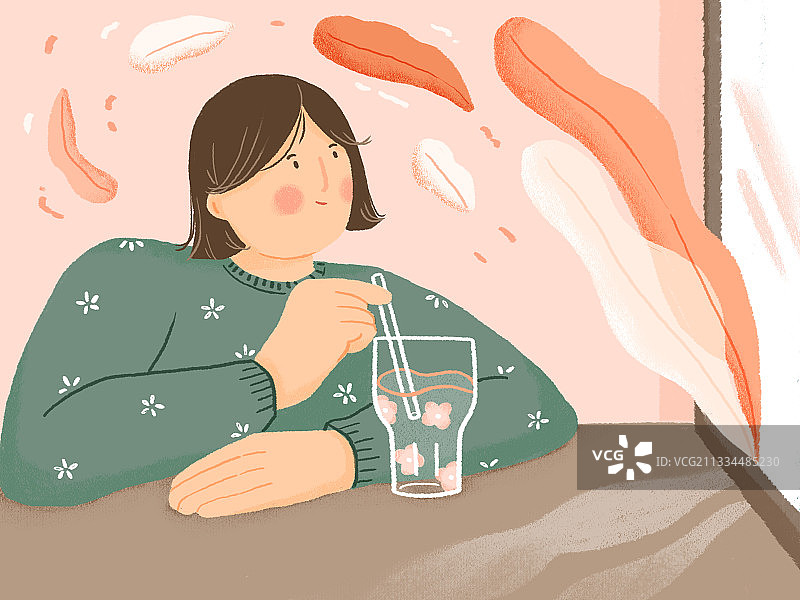 一个女生坐在窗边喝饮料图片素材