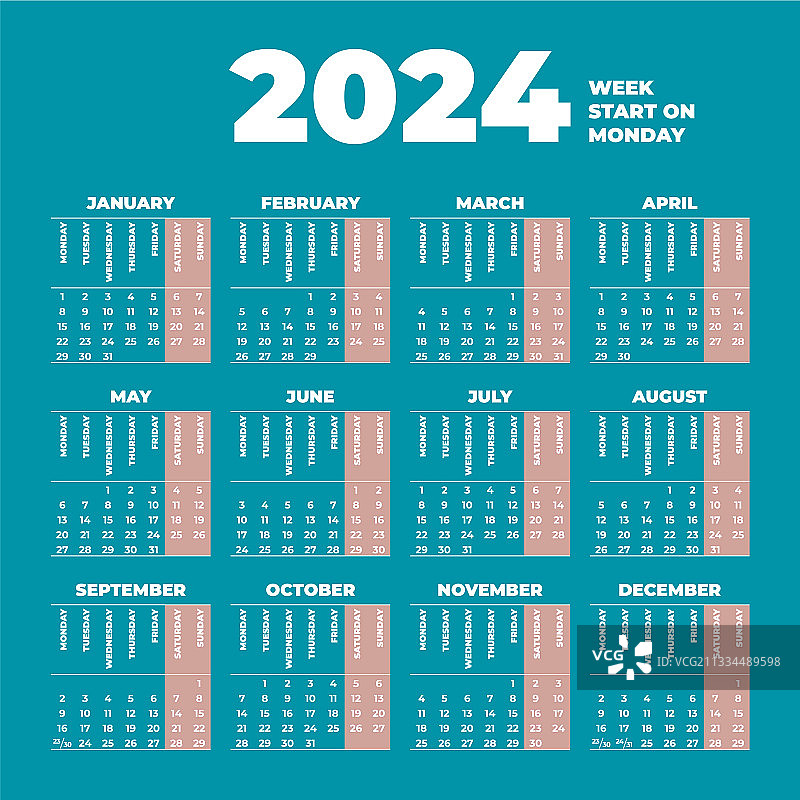 2024年日历模板（周一为每周第一天）图片素材