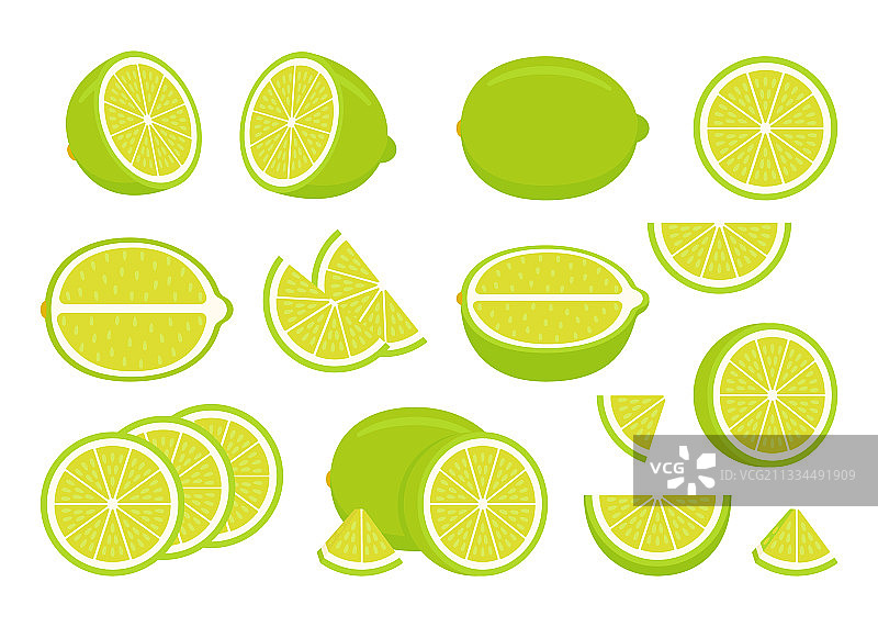 绿色成熟的酸橙 - 整个、切块和半块合集图片素材