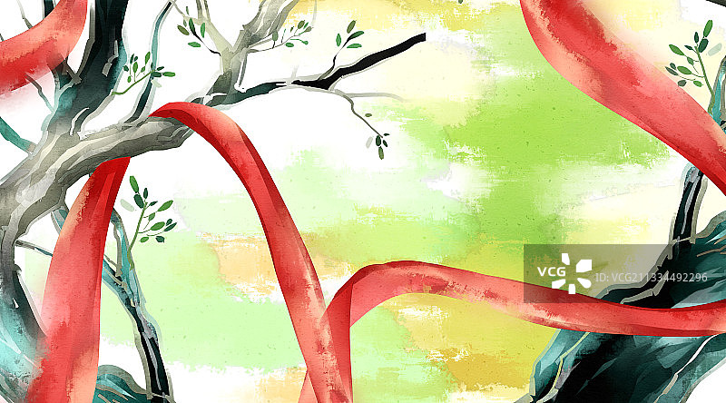 中国风水彩树杆绸缎插画背景图片素材