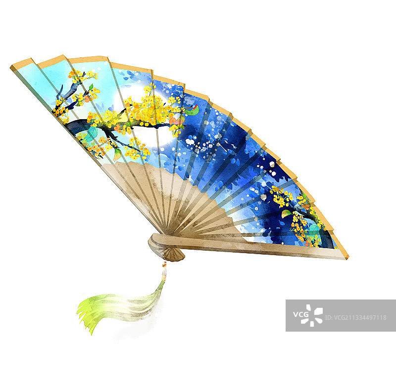 中国风蓝色折扇插画元素图片素材