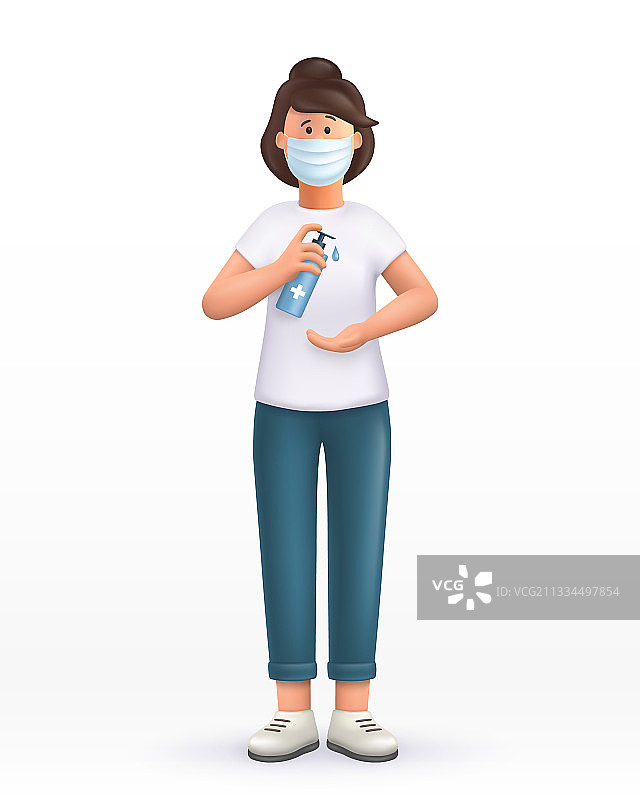 戴口罩的3D卡通年轻女人图片素材