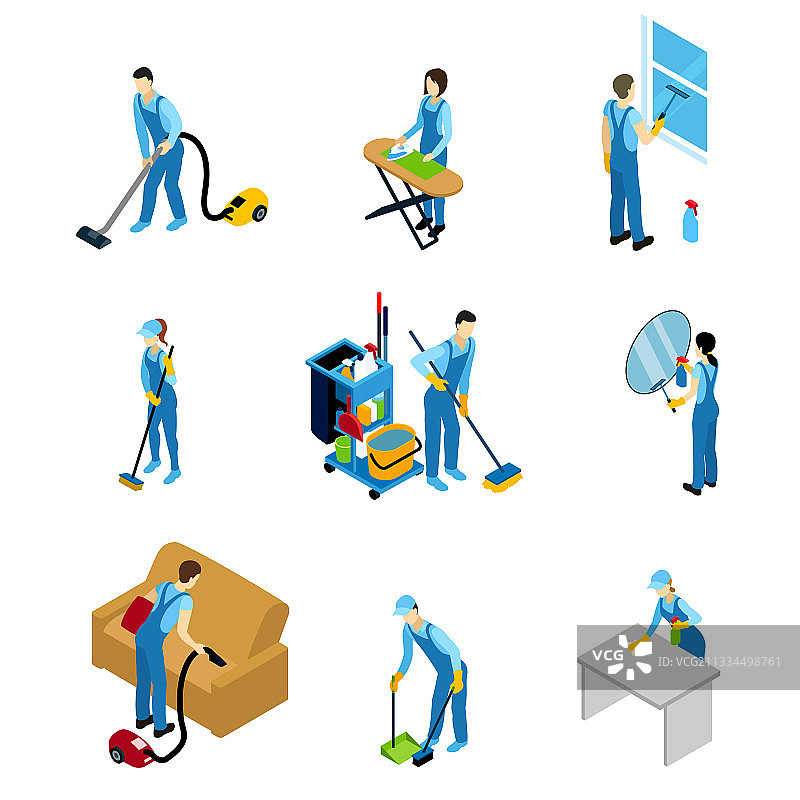 专业清洁人员等距图标集图片素材