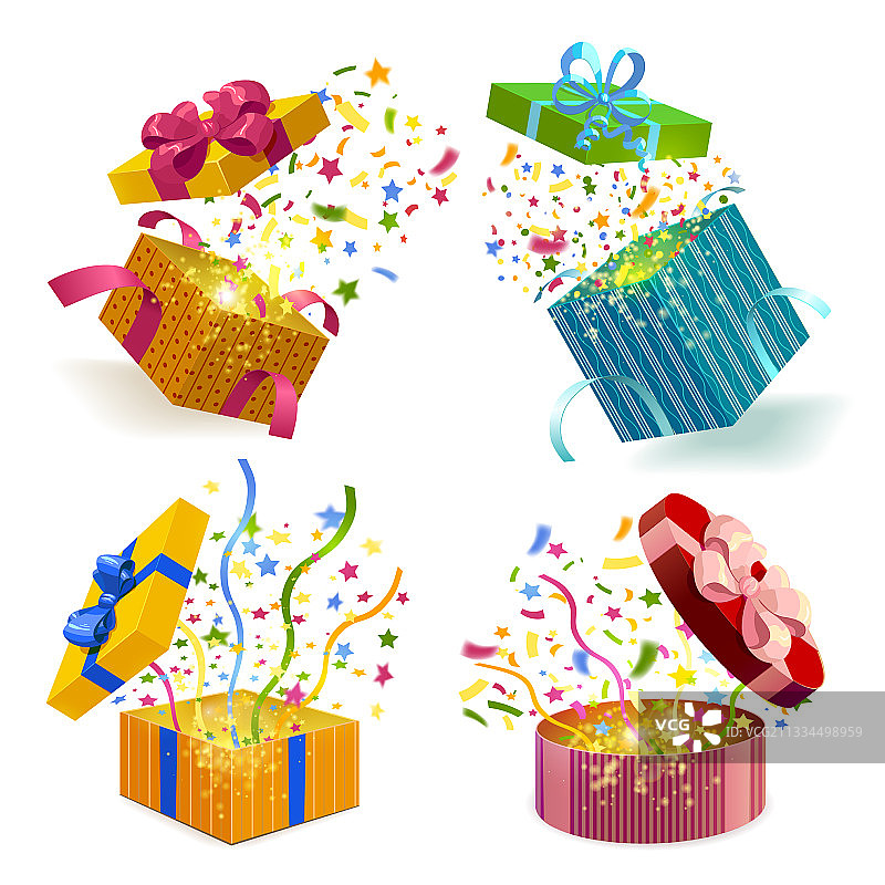 礼品盒和彩色纸屑套装图片素材
