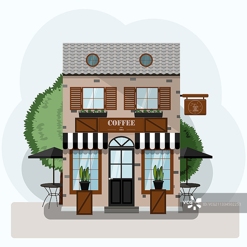 咖啡馆外观扁平设计图片素材
