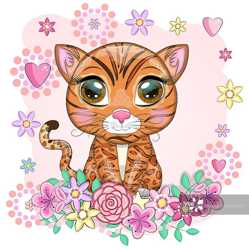 卡通风格的孟加拉猫，拥有美丽的眼睛图片素材
