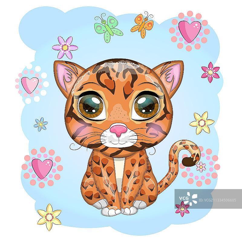 卡通风格的孟加拉猫，拥有美丽的眼睛图片素材