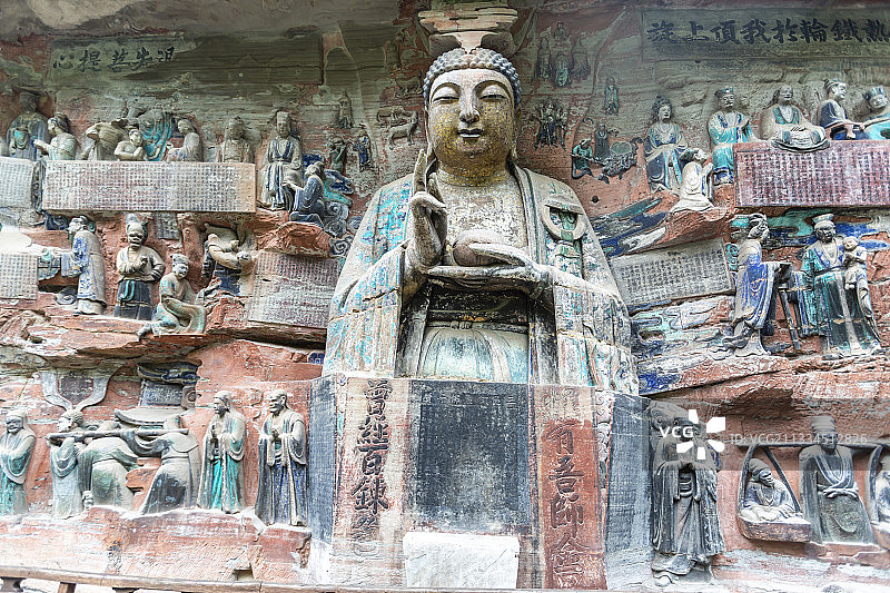 重庆大足石刻之宝顶山石刻：大方便佛报恩经变相—释迦牟尼佛图片素材