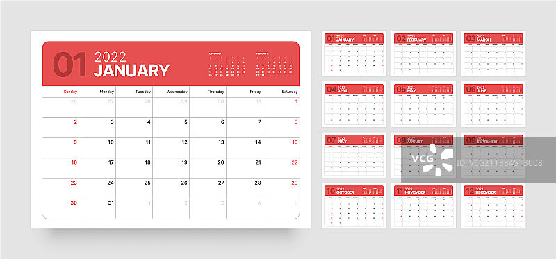 2022年日历模板，每周开始图片素材