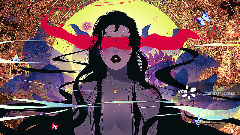 古风原创情绪卷发长发美女性感魅惑玄幻贴金铂金矢量插画图片素材