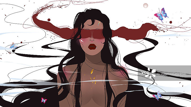 古风原创情绪卷发长发美女性感魅惑玄幻贴金铂金矢量插画图片素材