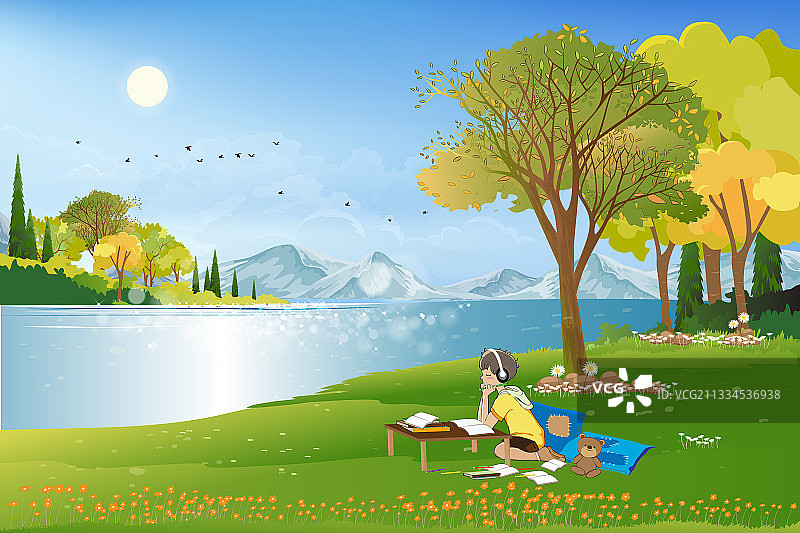 孩子戴着耳机听音乐图片素材