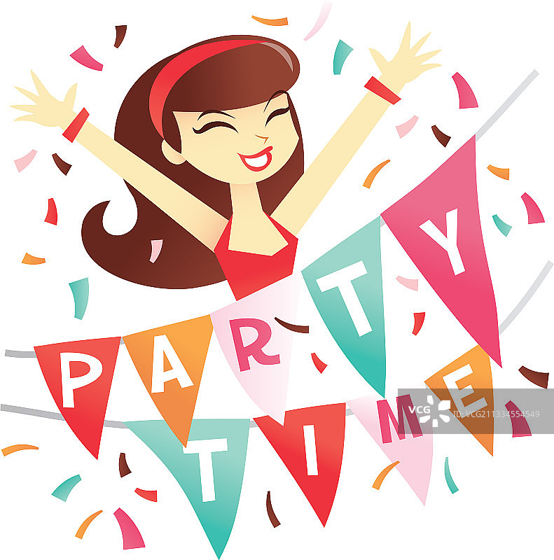 卡通深色头发女孩派对彩旗图片素材