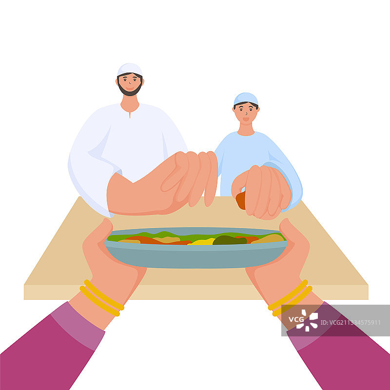 女人手向穆斯林男人和男孩提供食物图片素材