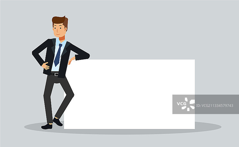 商人倚靠在空白海报上图片素材