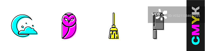 月亮星星主题：猫头鹰女巫扫帚和肉图片素材