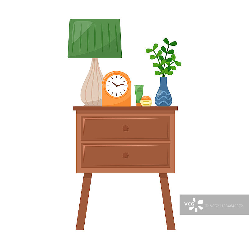 带灯、花瓶和时钟的米色床头柜图片素材