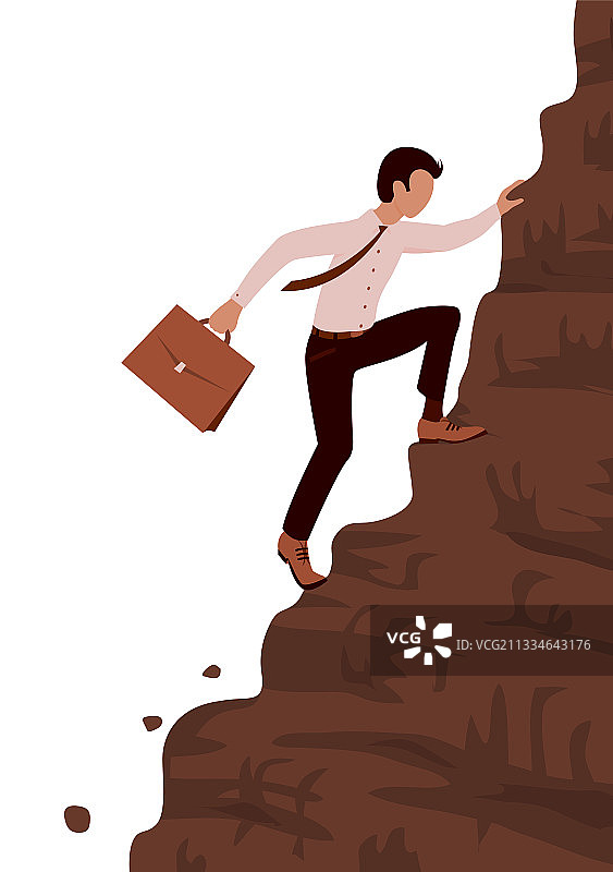 一个勇敢的年轻商人攀登陡峭的山峰图片素材