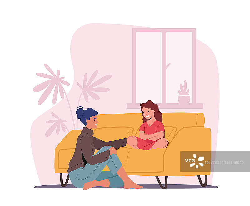 母女坐在客厅沙发上图片素材