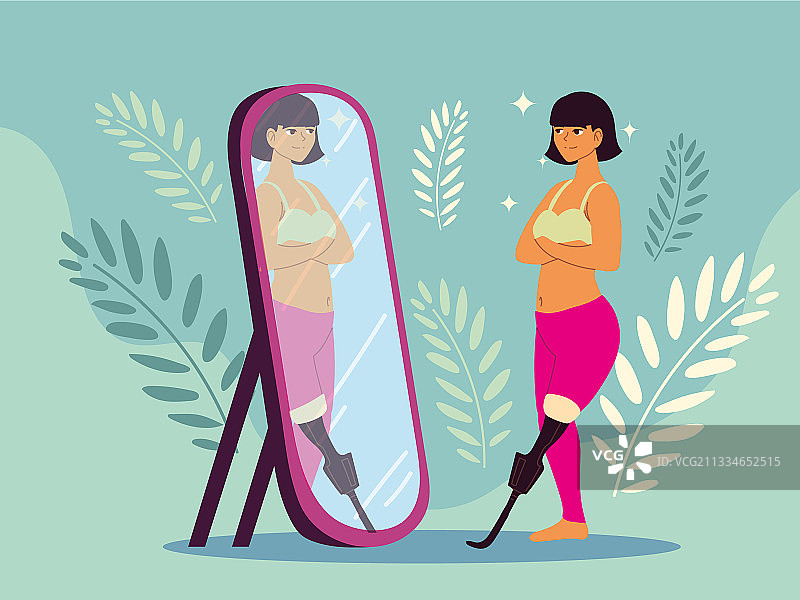 女人在镜子前调整假肢图片素材