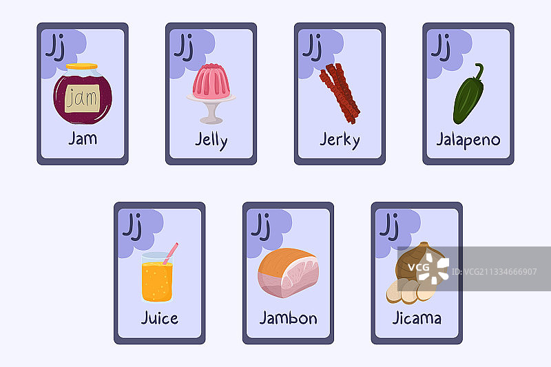 彩色字母发音抽认卡J-果酱和果冻图片素材