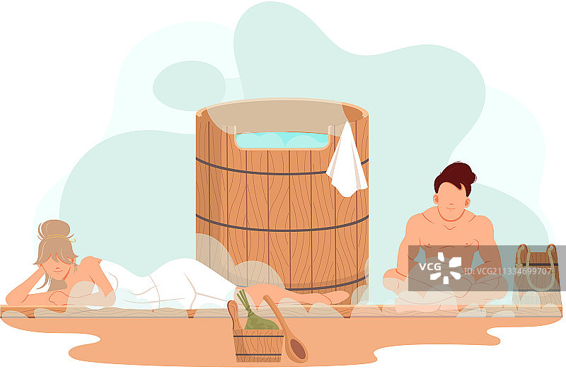 坐在桑拿房里的裹着毛巾的人们，一对情侣在高温中图片素材