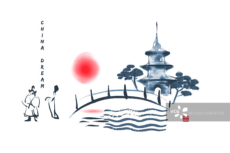 中国风水墨宝塔人物背景图片素材