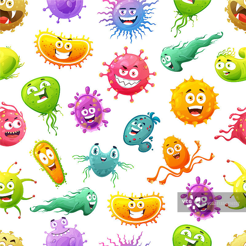 病毒细菌微生物卡通角色无缝图案图片素材