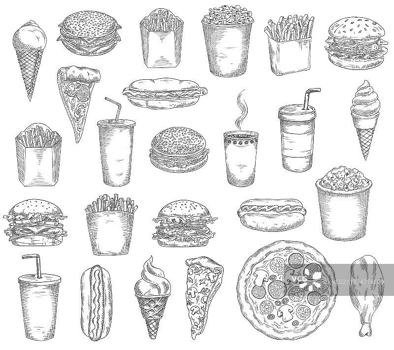 快餐、餐点、饮品和小吃速写图片素材