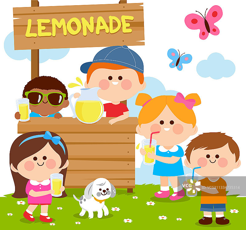 孩子们在柠檬汁摊位喝柠檬汁图片素材