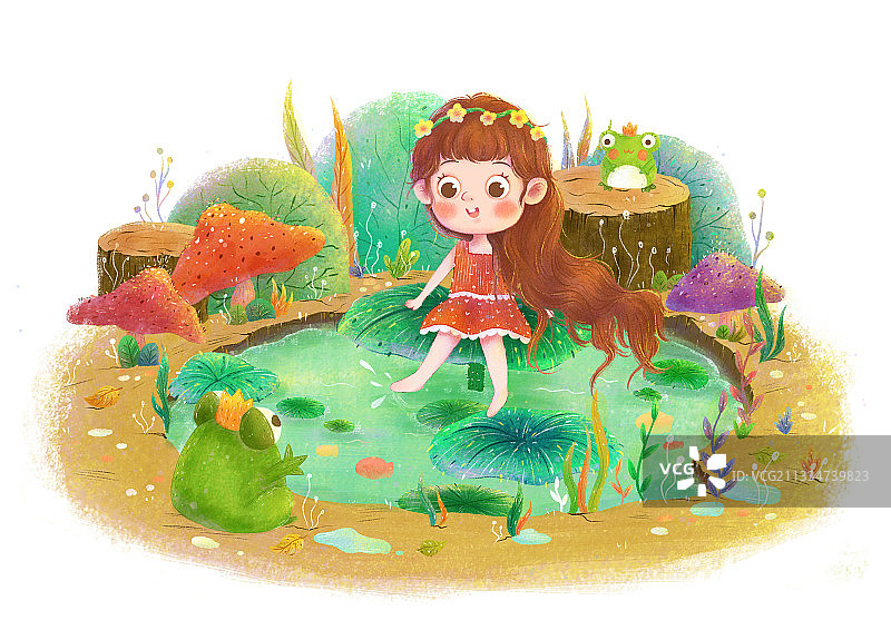 女孩和她的青蛙朋友们图片素材