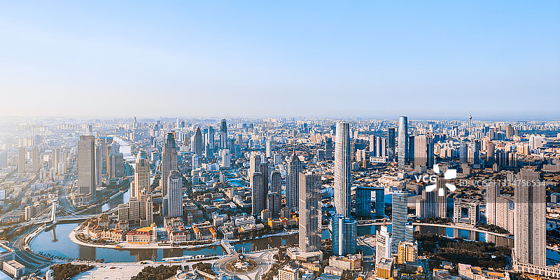 中国天津津湾广场环球金融中心CBD城市天际线航拍图片素材