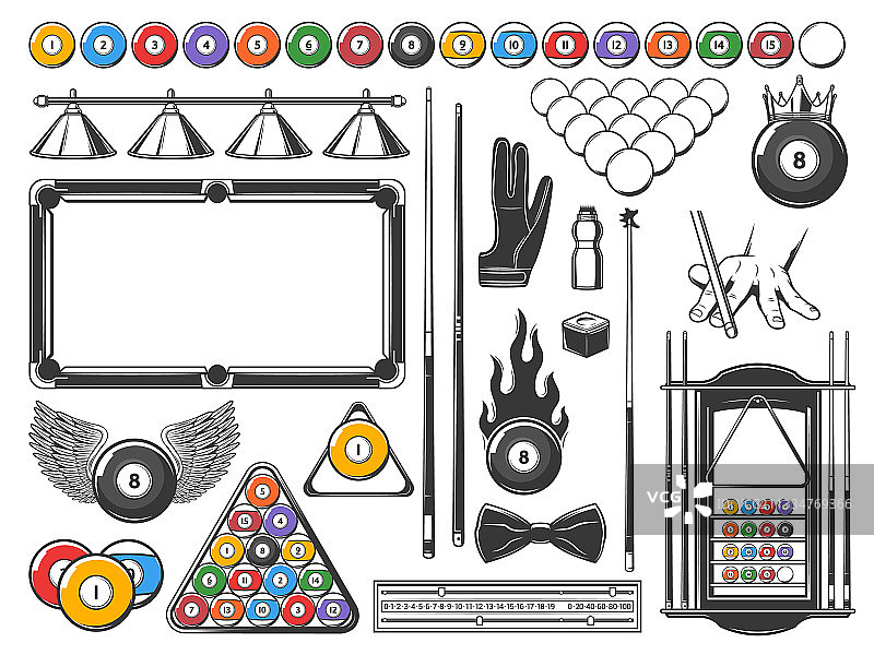 台球游戏设备和配件图标集图片素材