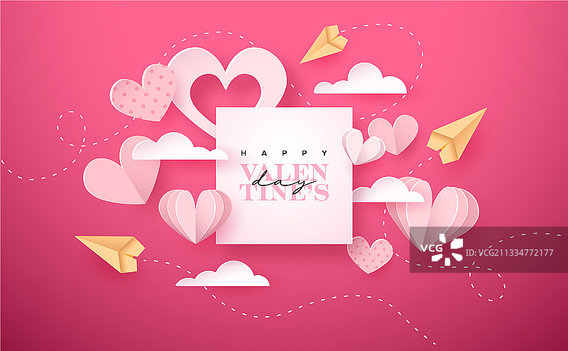 情人节粉色剪纸爱心飞机卡片图片素材