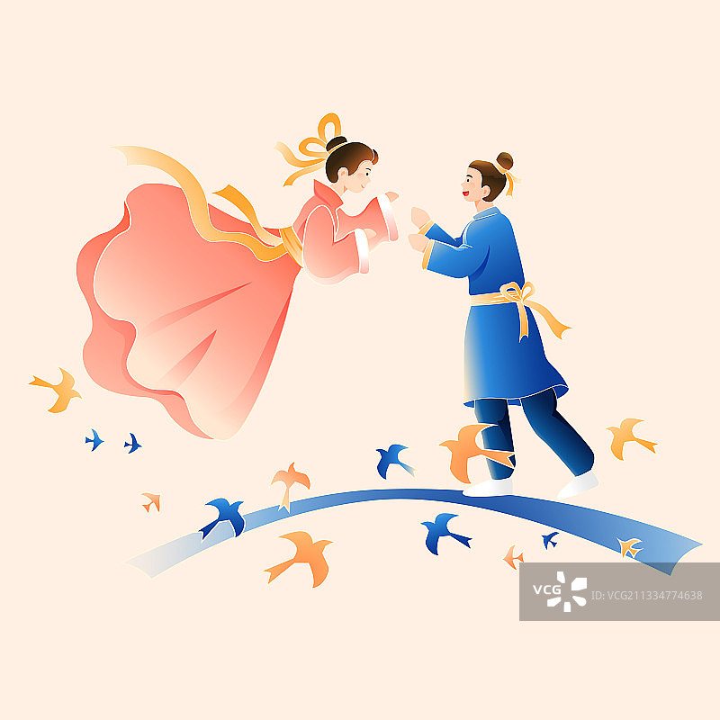 卡通情人节情侣浪漫传统节日约会牛郎织女电商中国风国潮矢量插画图片素材