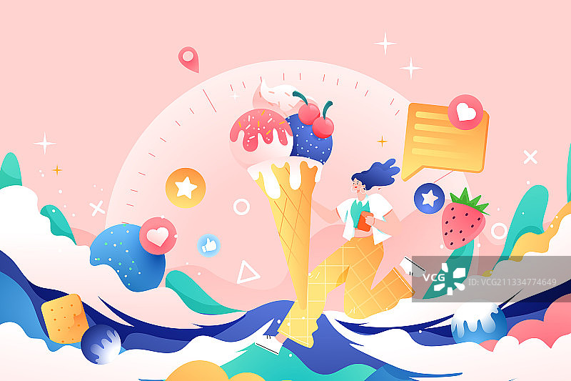 卡通夏天运动健康美食餐饮外卖消费甜点冰淇淋电商渐变矢量插画图片素材