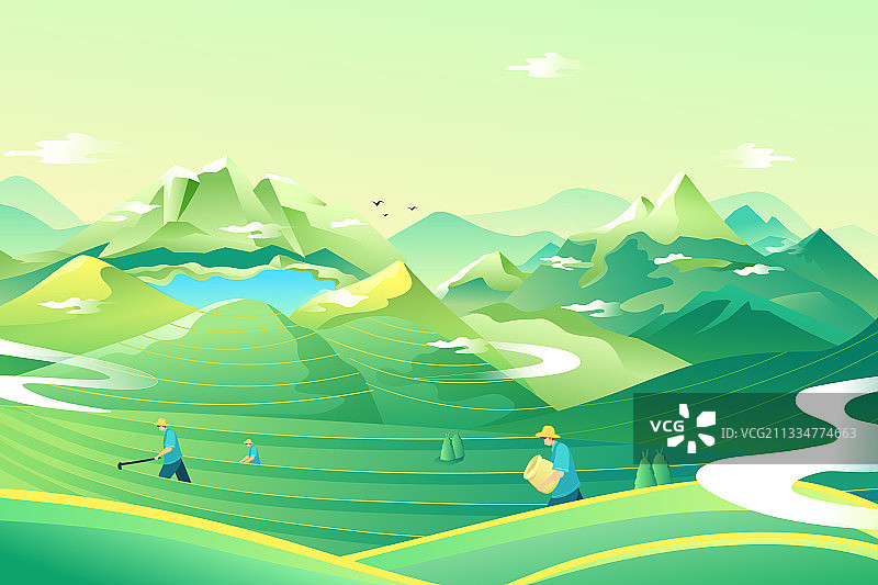 卡通采茶农业茶道农田梯田风景大自然农耕种植中国风国潮矢量插画图片素材