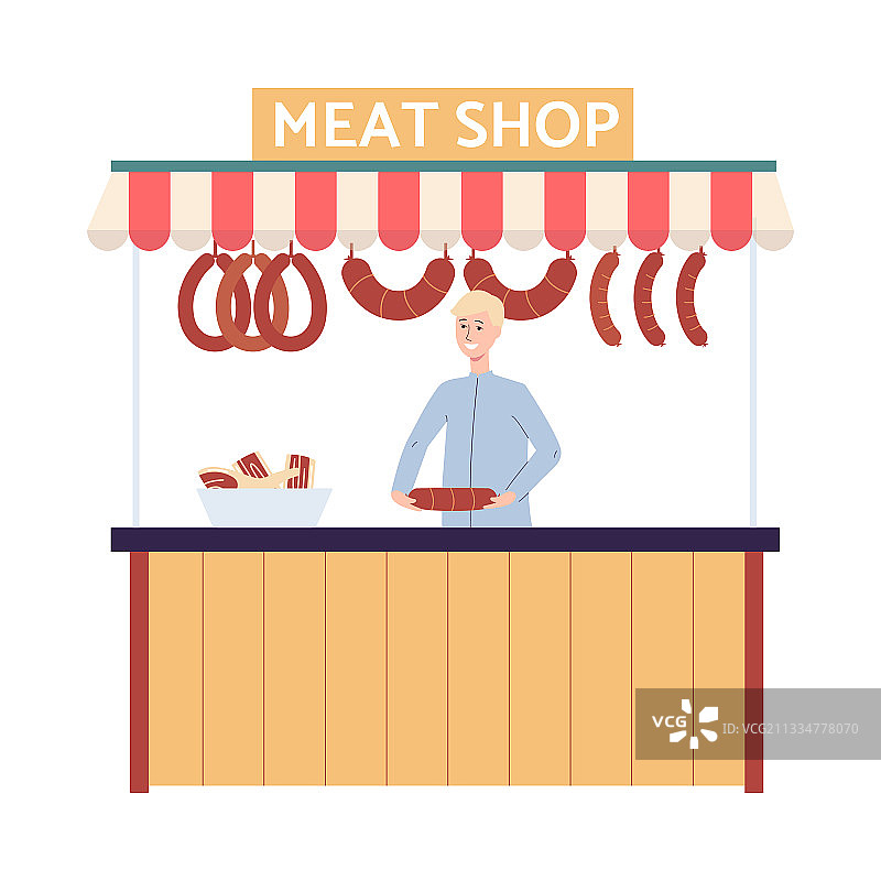 肉店柜台与卡通售货员扁平设计图片素材
