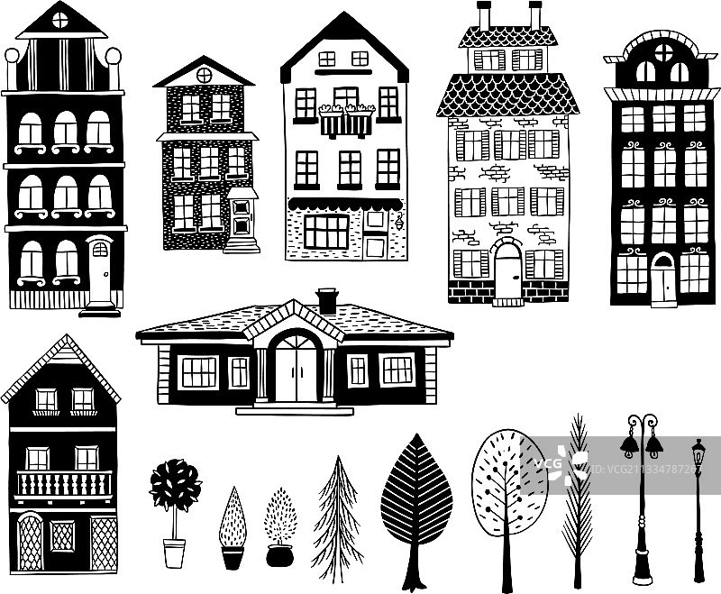 老房子、树木、灯笼和灌木图片素材