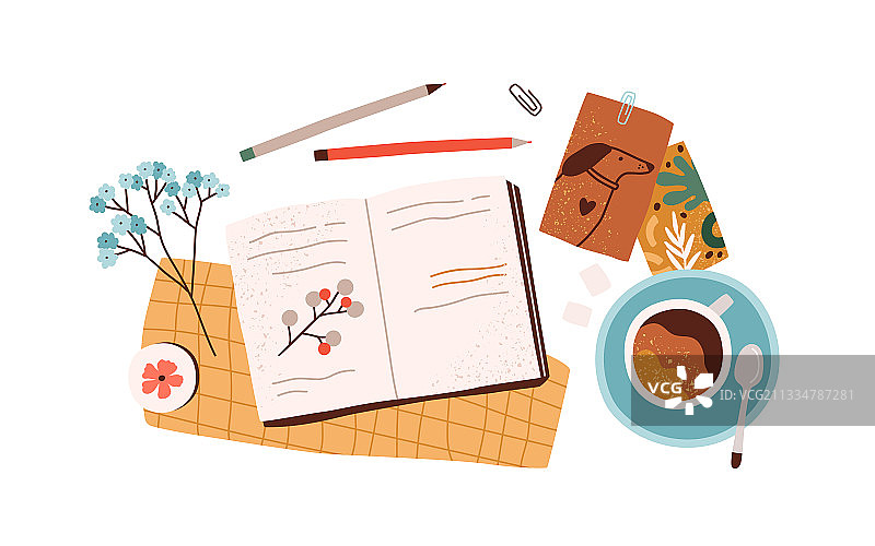 俯视：带有笔记的打开的笔记本或日记图片素材