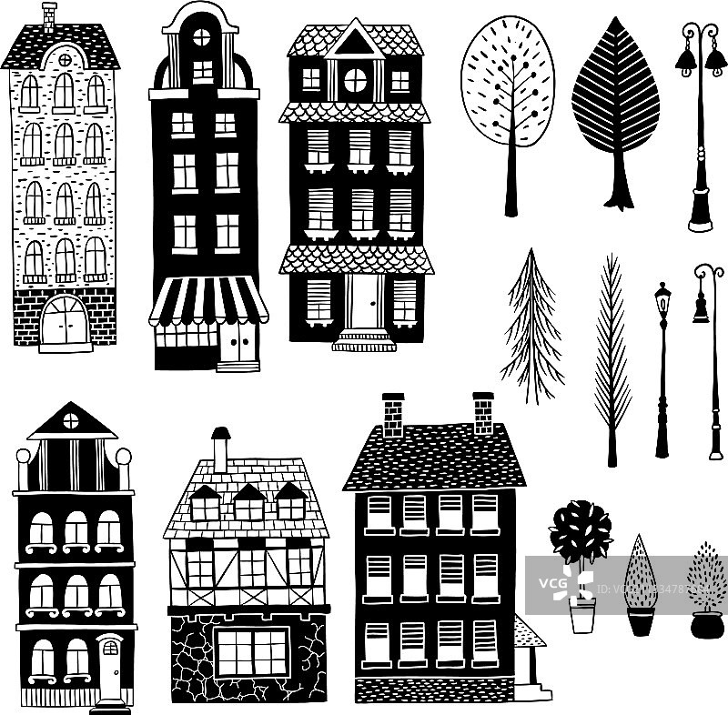 老房子、树木、灯笼和灌木图片素材