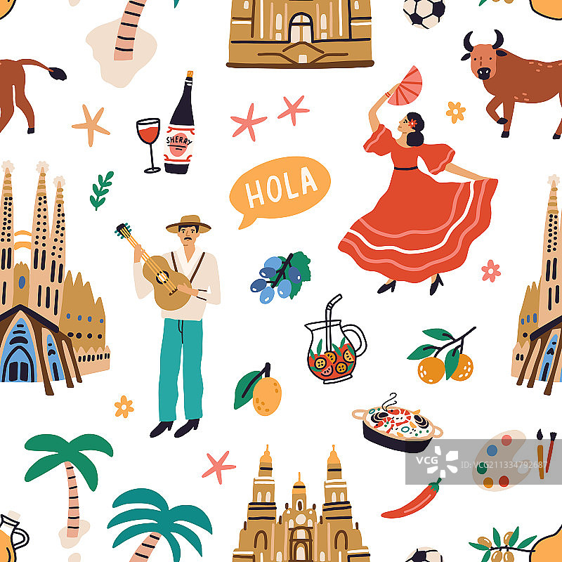 西班牙著名符号无缝图案图片素材