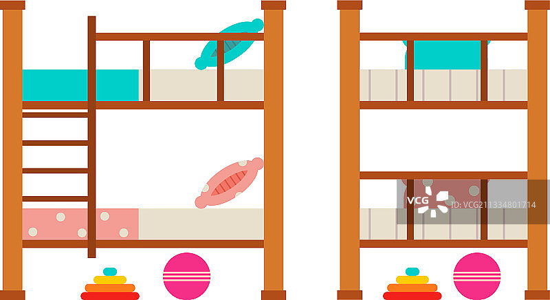带下拉床的卡通双层床扁平图标集图片素材
