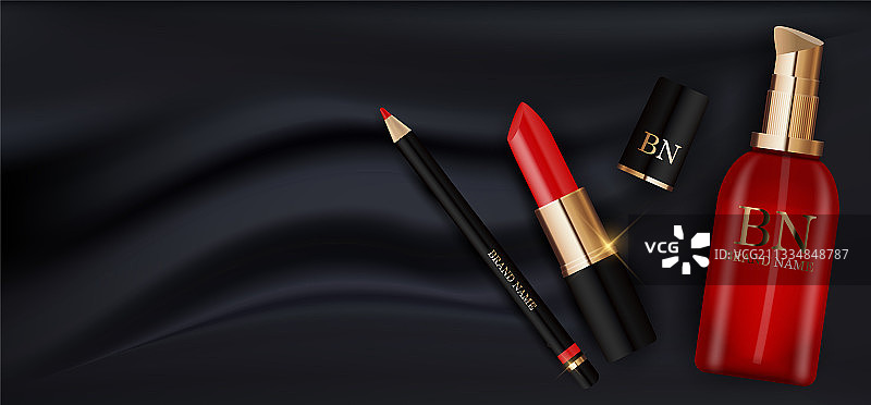 3D逼真红色口红乳霜瓶和铅笔图片素材