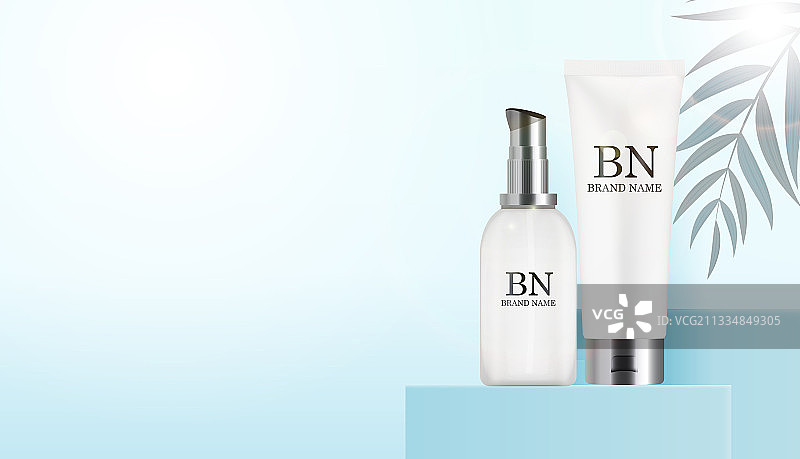 阳光蓝色背景上的3D逼真奶油瓶套装图片素材