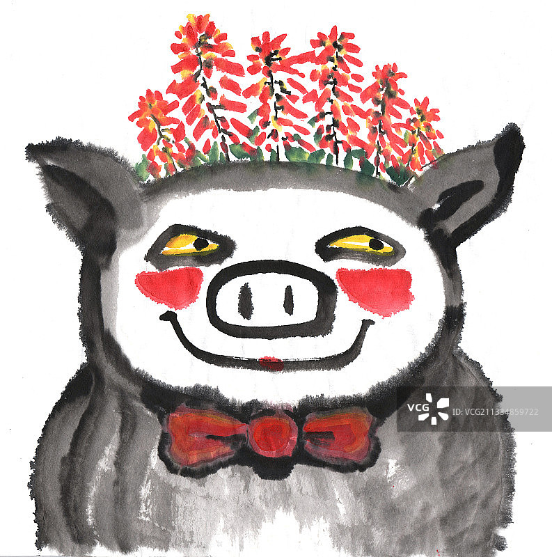 国画水墨画带着红领带的可爱猪图片素材