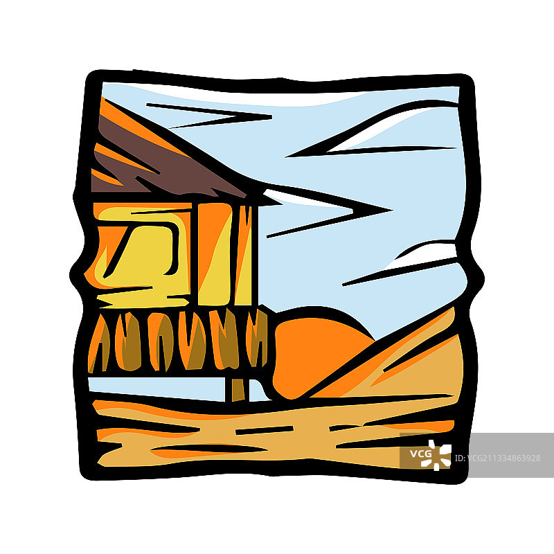 小屋日落贴纸，带有房屋的日落景观图片素材