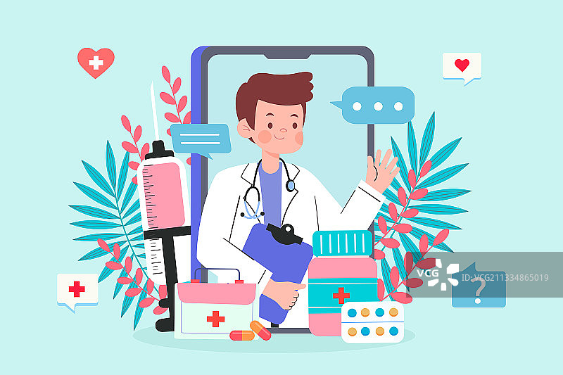 男医生在线问诊矢量插画图片素材